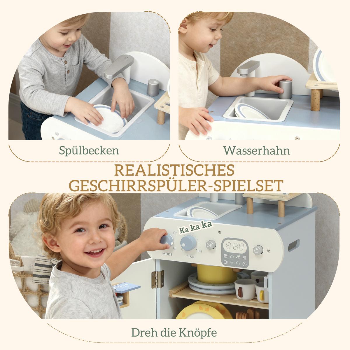 KINDER-SPIELKÜCHE mit Wasserhahn Holzgeschirrspüler - Hellblau, Holzwerkstoff (36/26/52cm) - AIYAPLAY