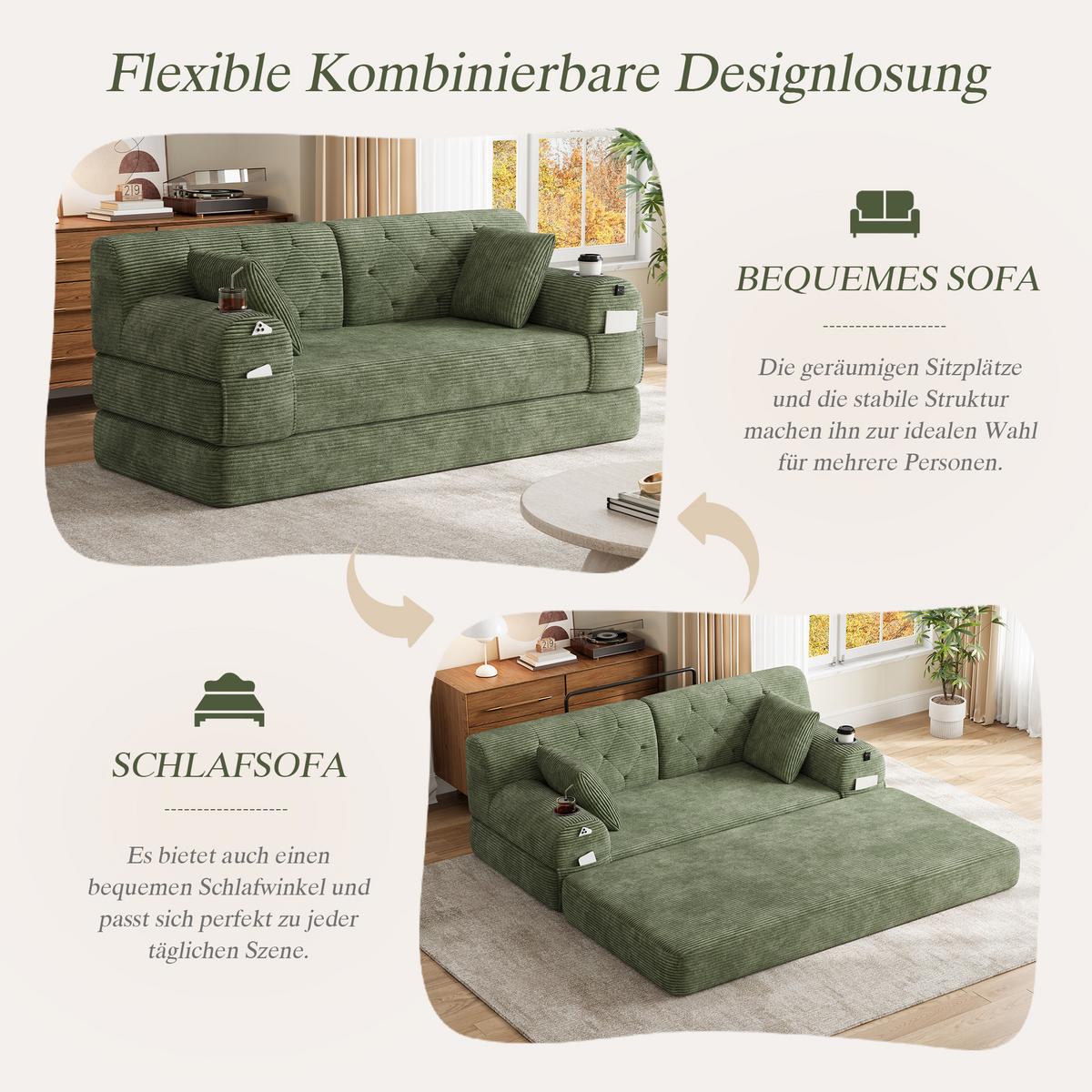 SCHLAFSOFA 2-in-1 Doppelschlafsofa Chenille Ausklappbar - Grün, Textil (168/81/80cm) - Urban Meuble