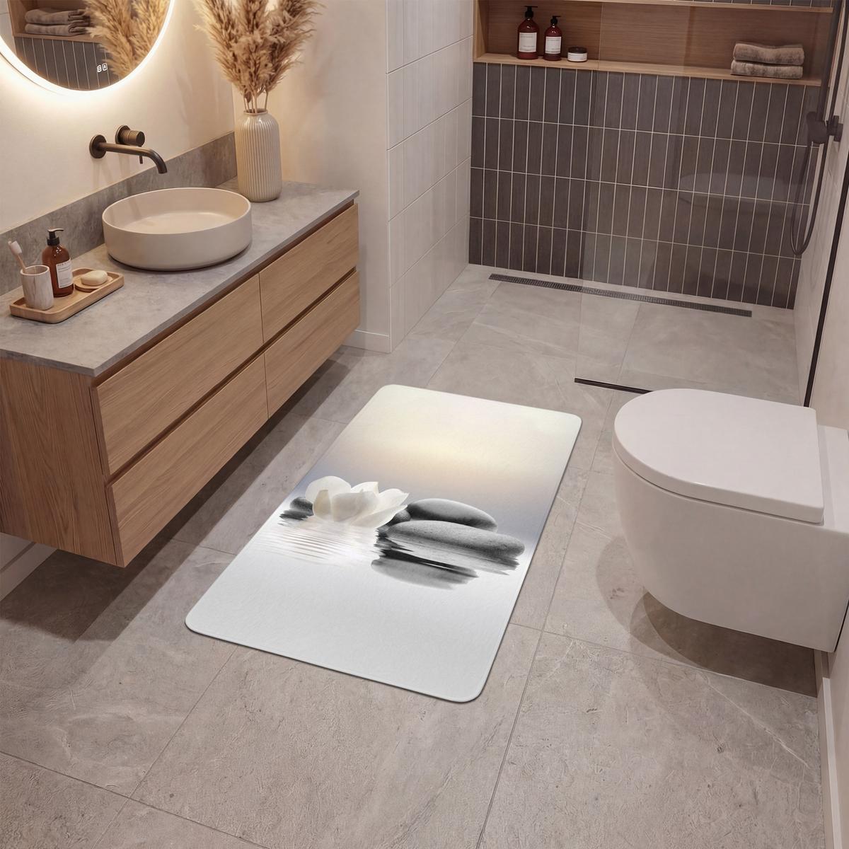 BADEMATTE Steine - Lotus - Weiß - Wasser - Zen 60x90 cm - Weiß, Textil (60/90cm) - OnlyWow