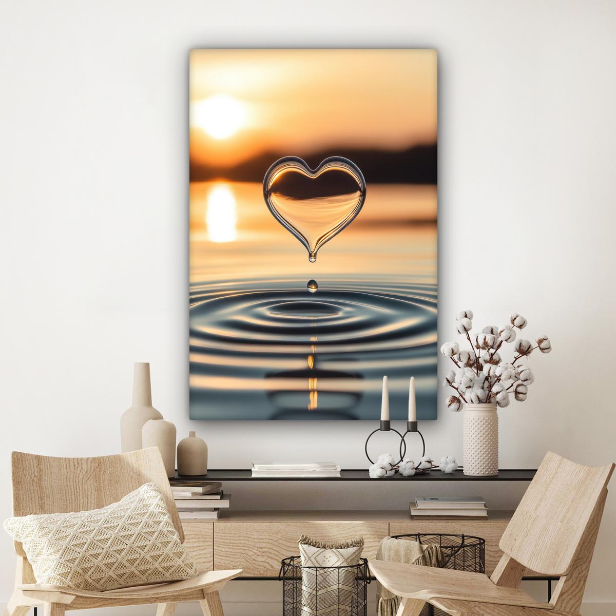 LEINWANDBILD Herz - Wasser - Sonnenuntergang - Natur - Zen Deko XXL 80x120 cm - Bernsteinfarben, Textil (80/120cm) - MuchoWow