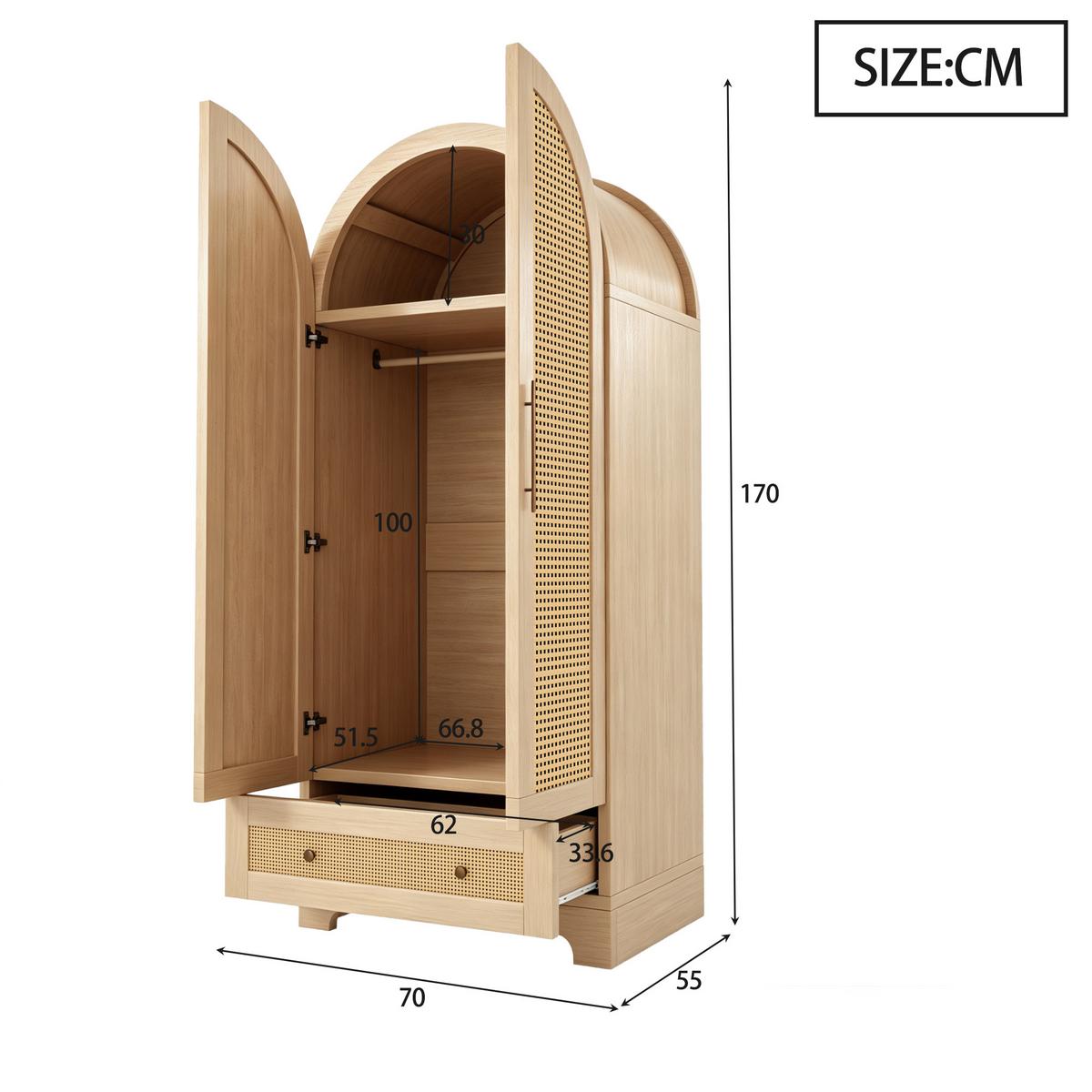 KLEIDERSCHRANK Doppeltüren Kunstrattan Holz mit Schubladen - Naturfarben, Holzwerkstoff (70/170/55cm) - Urban Meuble