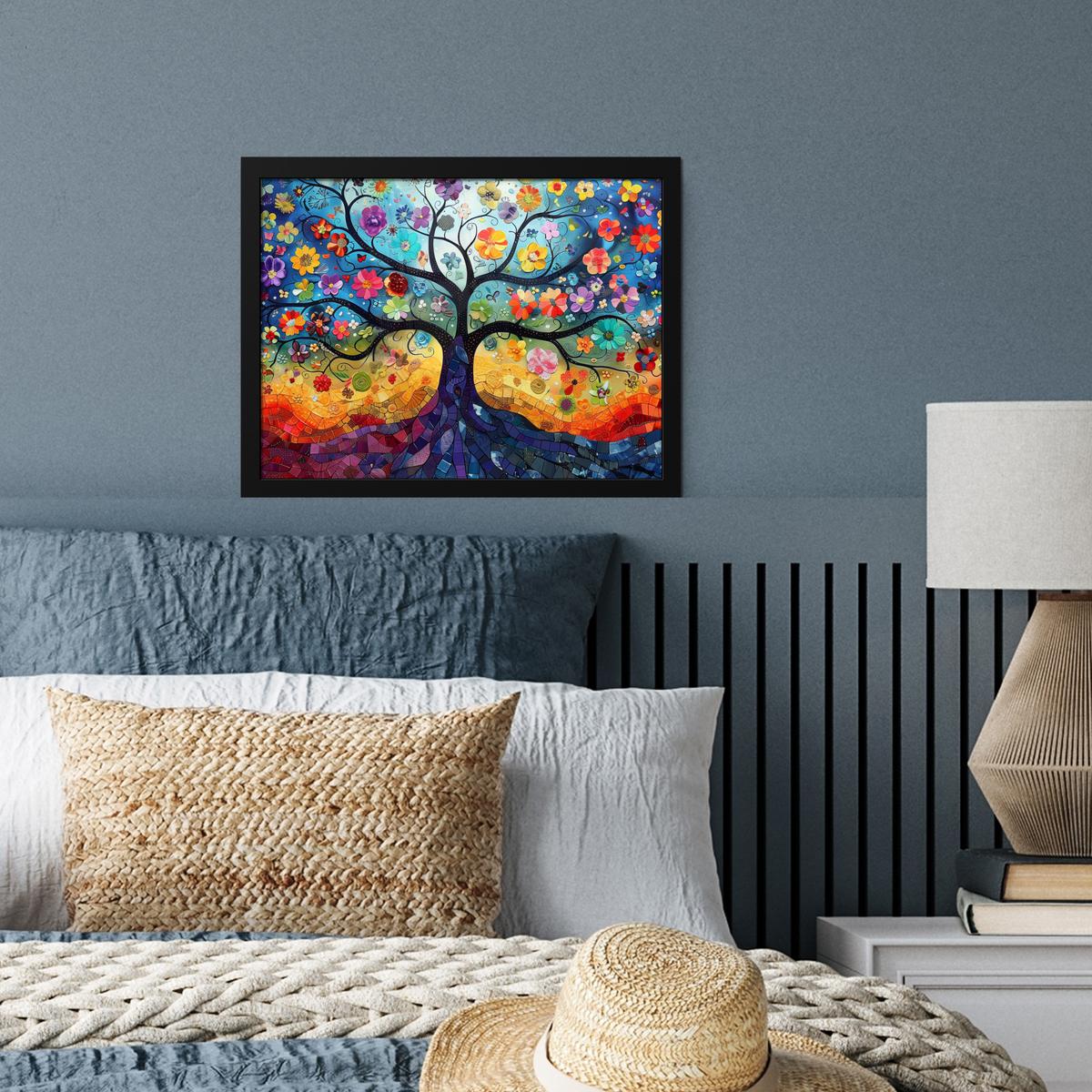 POSTER MIT RAHMENGERAHMTES BILD Kunst - Baum des Lebens - Blumen - Hippie 40x30 cm - Dunkelblau, Papier (40/30cm) - MuchoWow