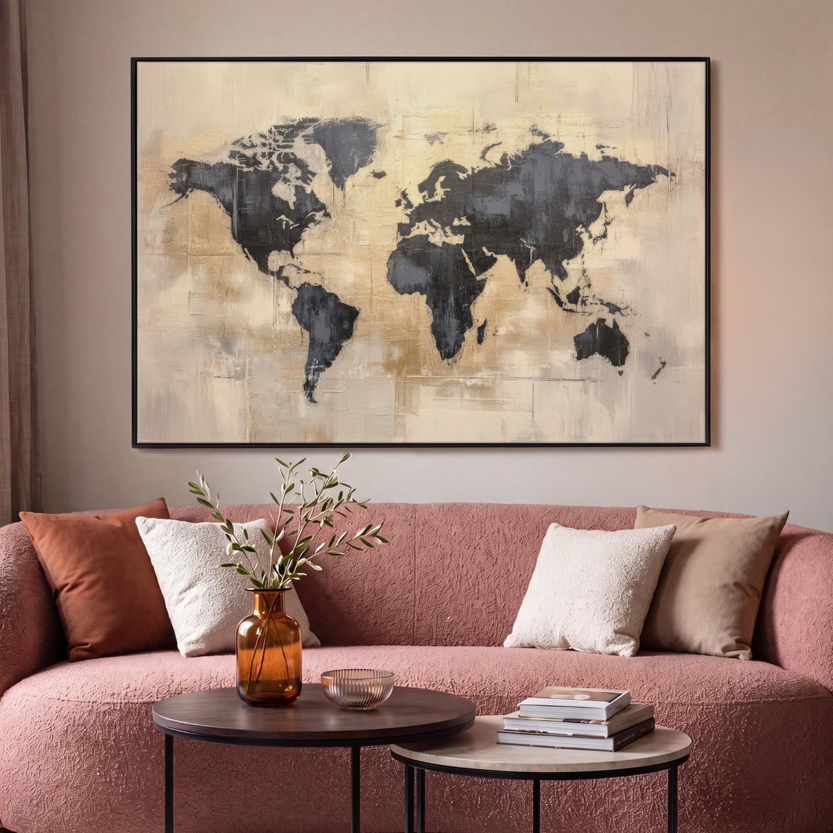 LEINWAND Bilder mit Rahmen - Weltkarte - Gold - Schwarz - Abstrakt - 120x80 - Kupferfarben, Textil (120/80cm) - MuchoWow