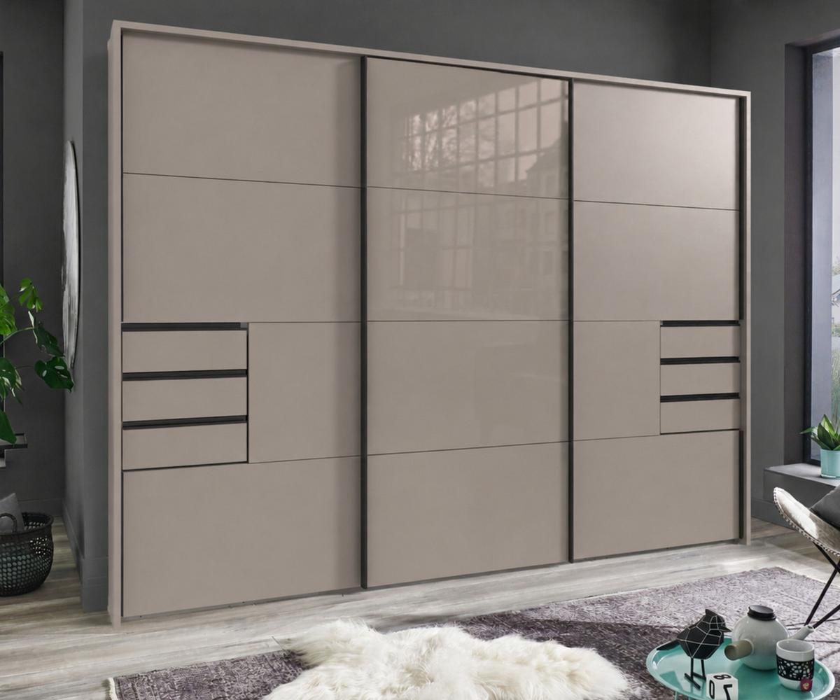 SCHWEBETÜRENSCHRANK 3-türig B273/H213/T64 cm, Sandgrau/Mitteltür Glas, Passepartout-Kleiderschrank mit Schubladen & Vollausstattung, / 22620 - Sandfarben/Schwarz, Holzwerkstoff/Metall (273/213/64cm) - luma-home