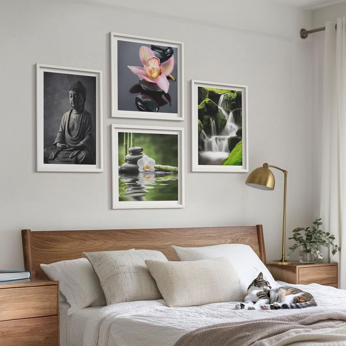 BILDER SET 4er Set - 50x50 cm & 40x60 cm Weißer Rahmen - Zen-Gemälde, Wassersteine, Buddha - Weiß, Kunststoff (50/50cm) - TULUP