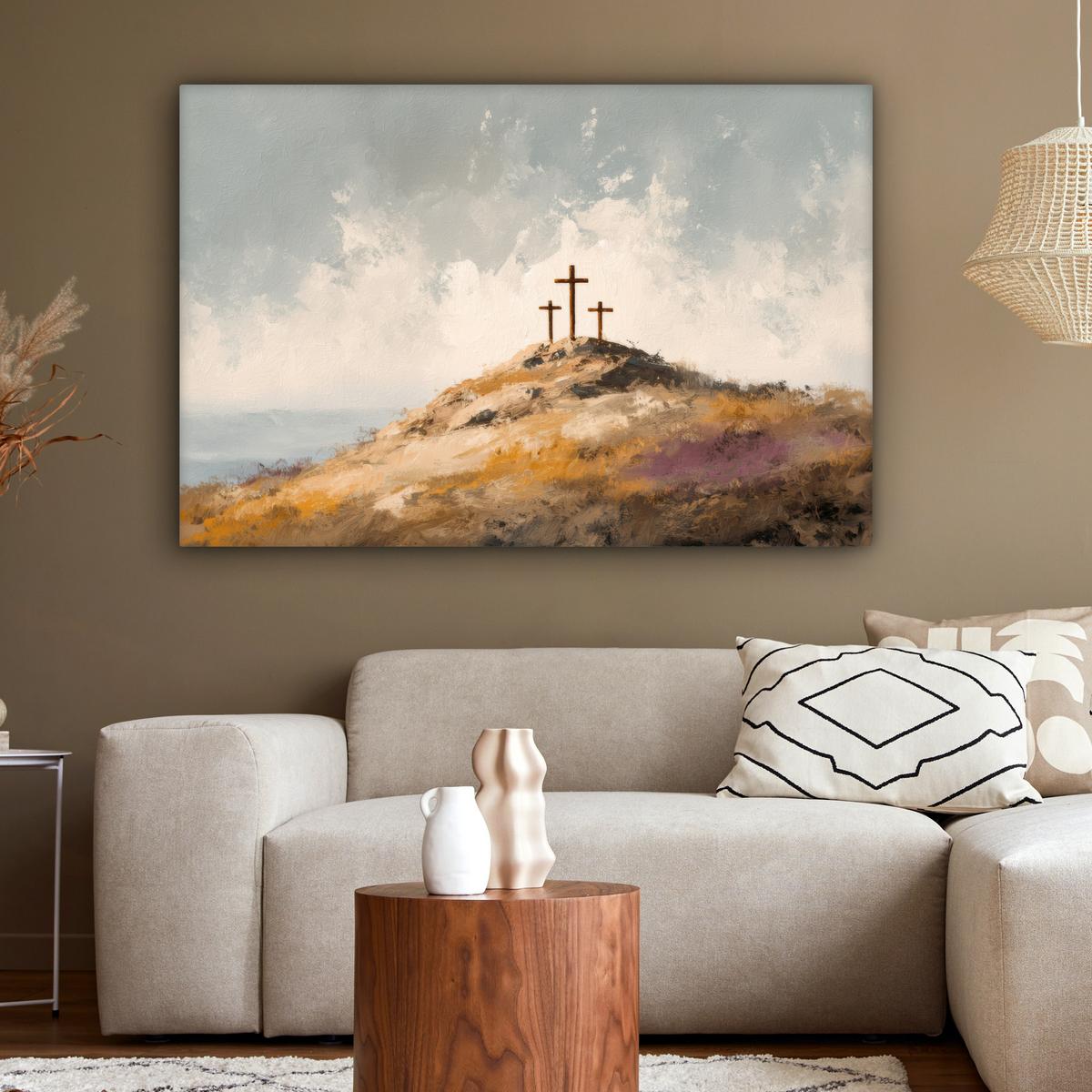 LEINWANDBILD Hügel - Abstrakt - Christentum - Kreuz Wohnzimmer Groß 120x80 cm - Hellgrau, Textil (120/80cm) - MuchoWow