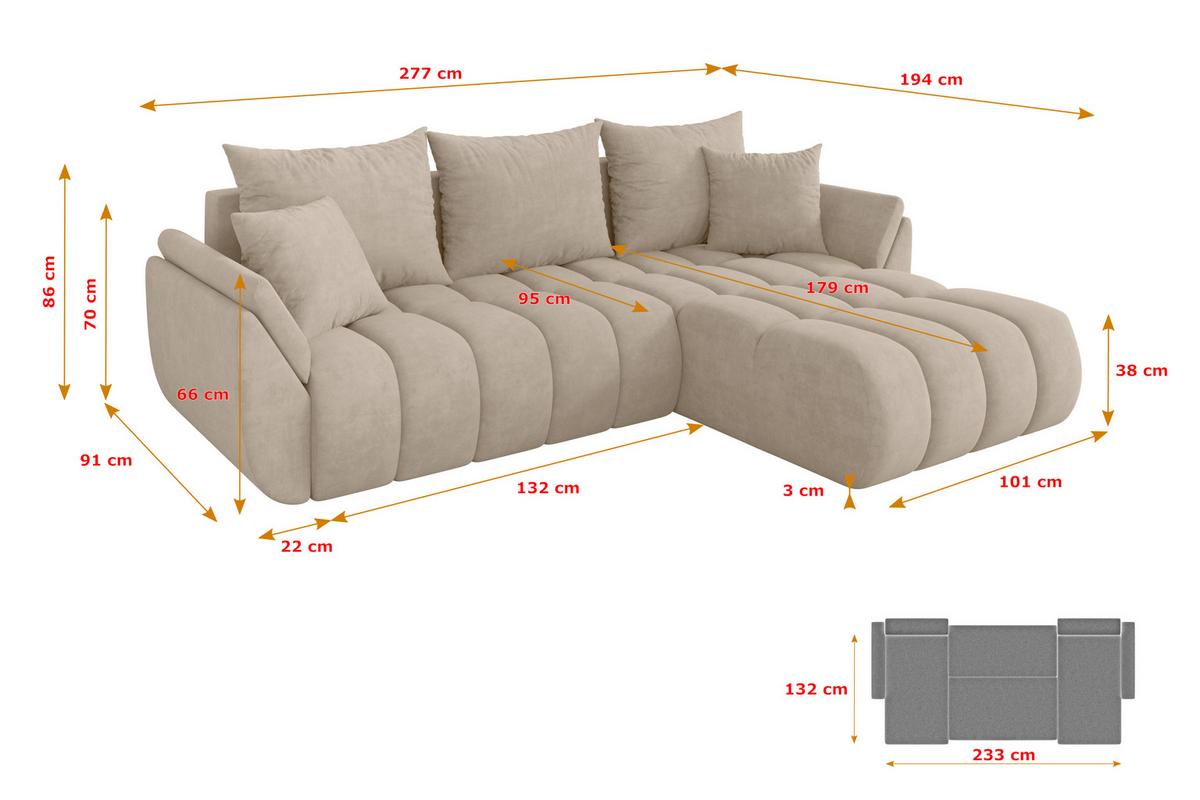 ECKSOFA mit Schlaffunktion Ottomane Rechts TOKO-L-v1 277x194x86 Beige Velours - Schwarz/Sahara, Holzwerkstoff/Kunststoff (277/194cm) - ALTDECOR