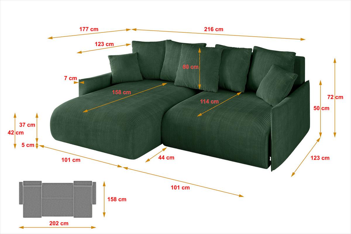 ECKSOFA Ottomane links ONESK-L -v1 216x177x72 Grün Cord - Grün, Holzwerkstoff/Kunststoff (216/177cm) - ALTDECOR