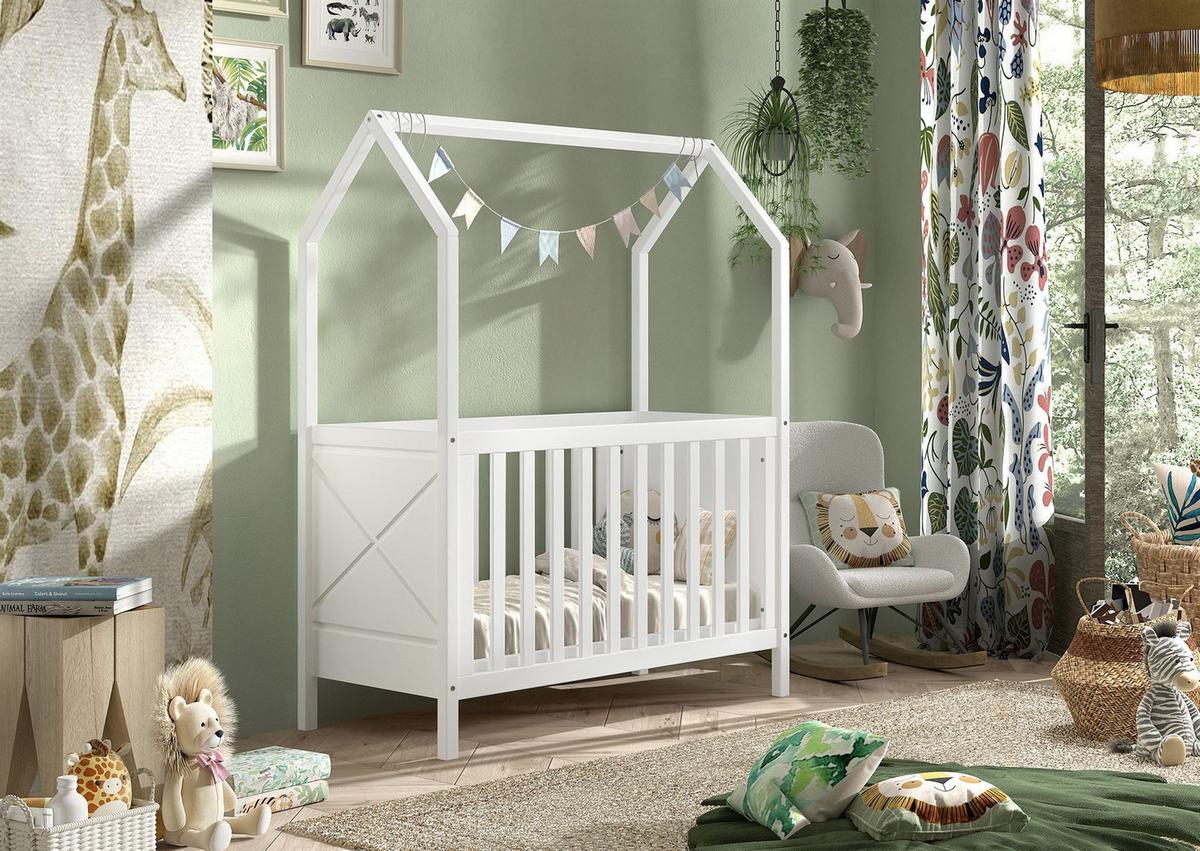BABYBETT mit Dach Karyl 3-fach höhenverstellbar Kiefer massiv weiß - Kieferfarben, Holz (60/120cm) - 58aufmkessel