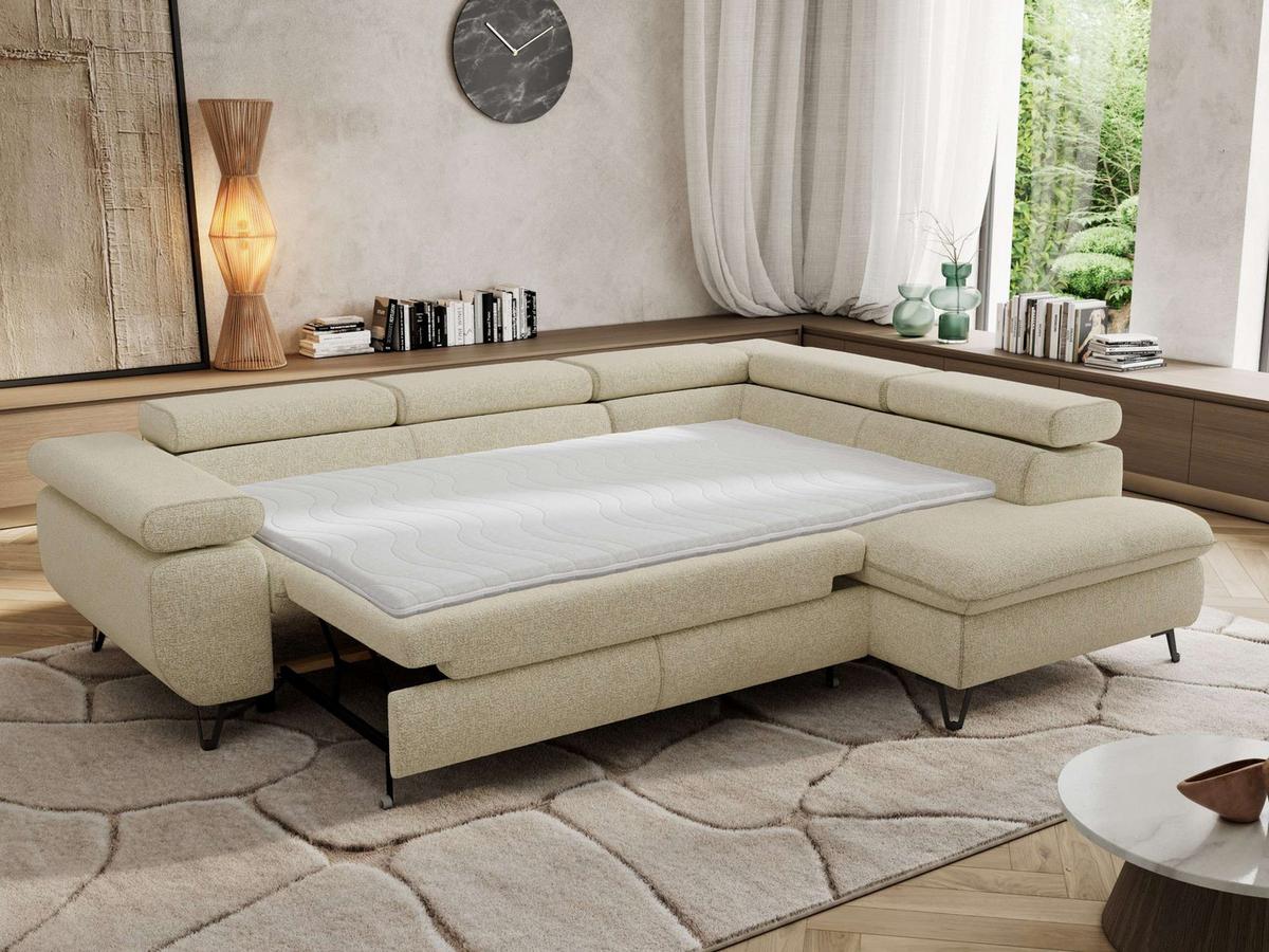 ECKSOFA PABLO L Creme Struktur - Rechts Seite - Creme/Schwarz, Textil/Metall (273/208cm) - MKS