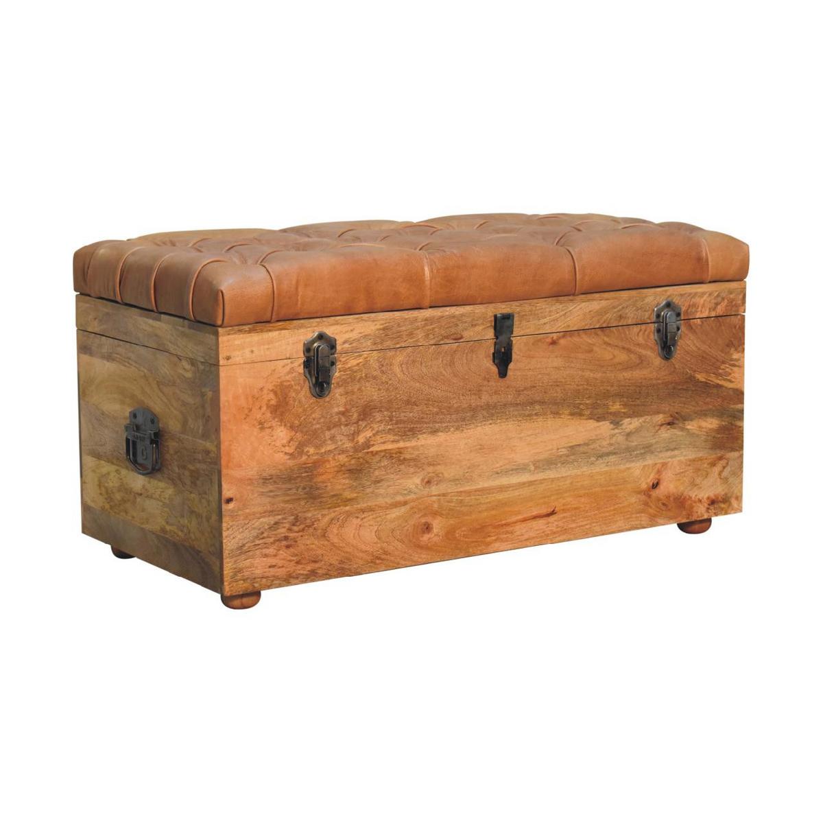 AUFBEWAHRUNGSTRUHE Büffelleder Oak-ish, Aufklappbare Aufbewahrungstruhe, Hellbraun - Hellbraun/Messingfarben, Mangoholz/Holz (90/45/45cm) - Artisan Furniture