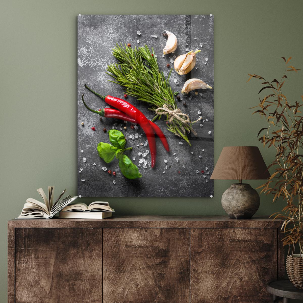 ACRYLGLASBILD Pfeffer - Kräuter - Gewürze - Beton 60x80 cm - Dunkelgrau, Glas (60/80cm) - MuchoWow