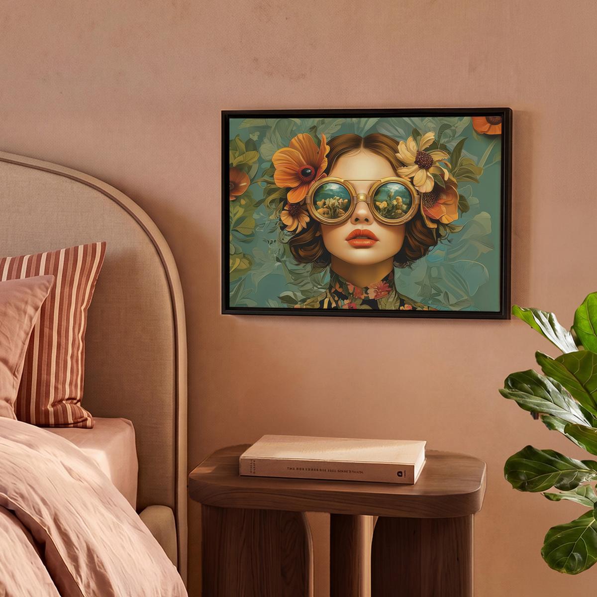 LEINWAND Bilder mit Rahmen - Frau - Blumen - Schmetterlinge - Natur - Vintage - 40x30 - Salbeigrün, Textil (40/30cm) - MuchoWow
