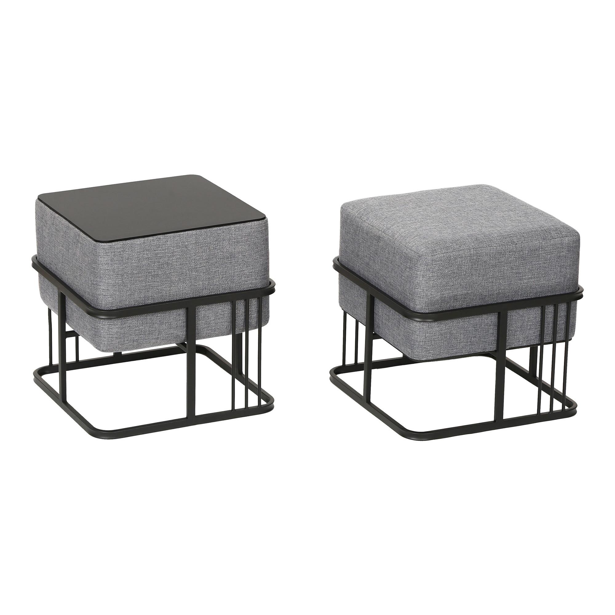 HOCKER-SET 2-TLG. Tas - Hellgrau/Schwarz, Holzwerkstoff/Textil (38/38/38cm) - [en.casa]