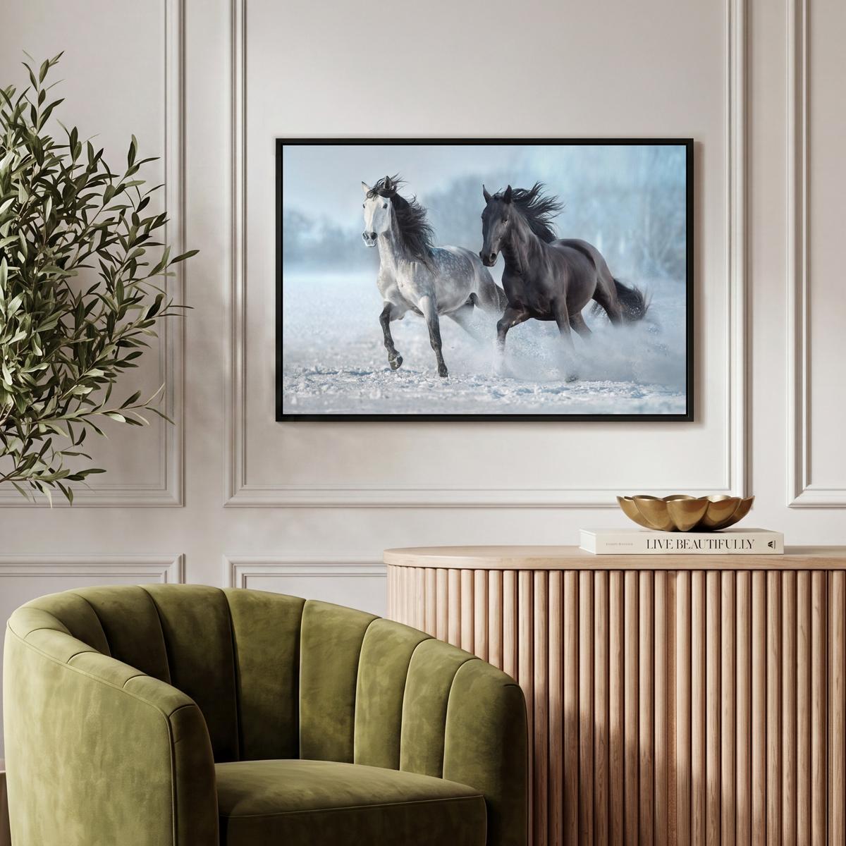 LEINWAND Bilder mit Rahmen - Pferde - Winter - Tiere - Natur - Schnee - 60x40 - Anthrazit, Textil (60/40cm) - MuchoWow