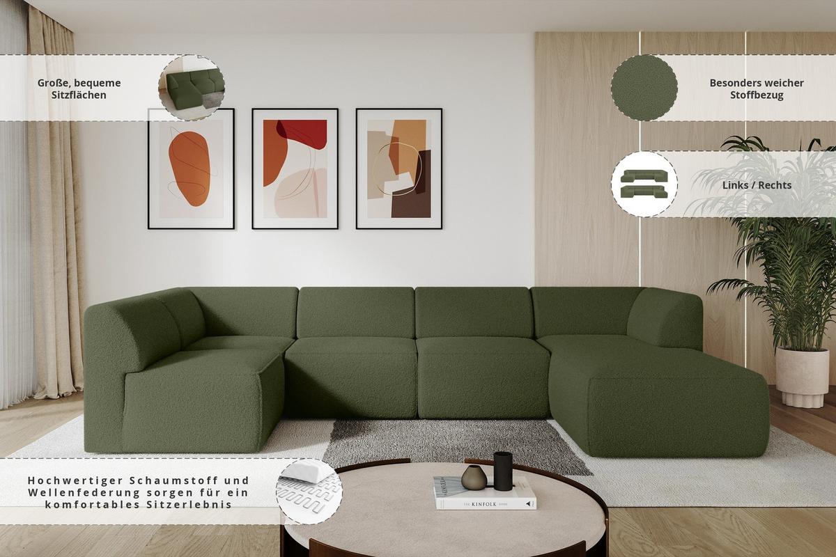 WOHNLANDSCHAFT Ottomane Rechts MOVO-L 345x180x78 cm Grün Bouclé - Dunkelgrün, Holzwerkstoff/Kunststoff (180/78/345cm) - ALTDECOR