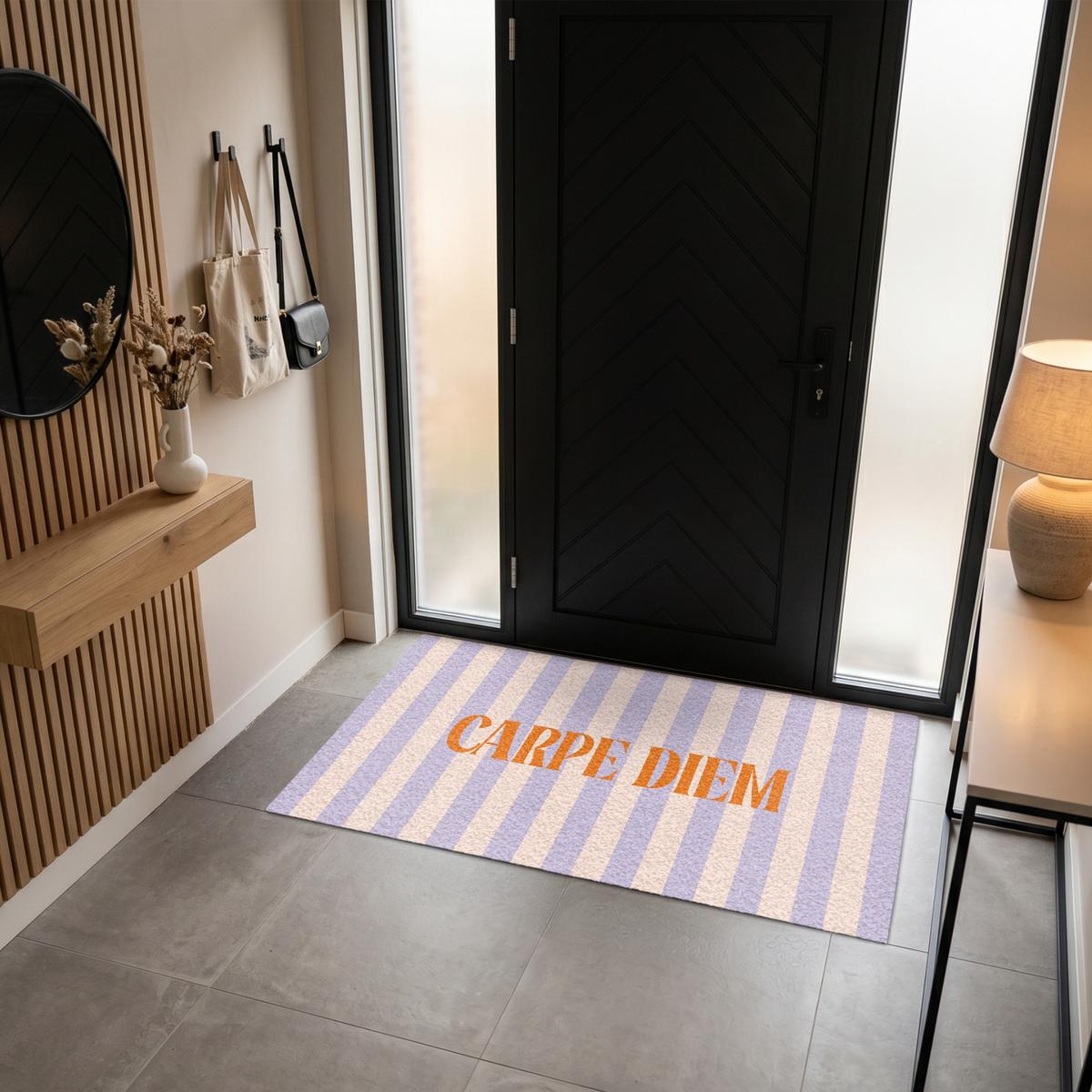 FUSSMATTE Lila – Orange – Streifen – Carpe Diem 150x90 cm - Flieder, Kunststoff (150/0.4cm) - MuchoWow