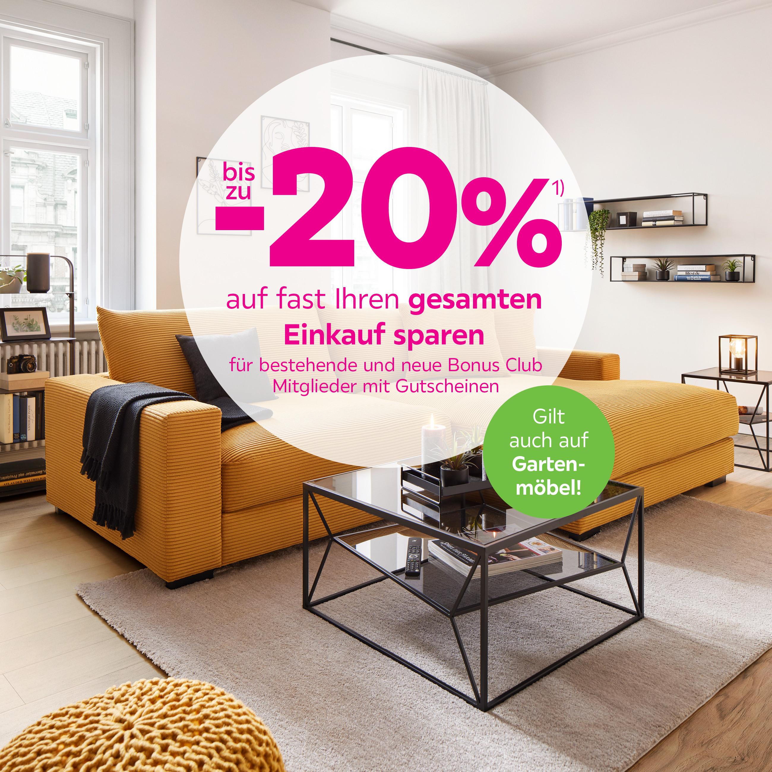 bis zu 20% auf fast den gesamten Einkauf sparen! für neue und bestehende Bonus Club Mitglieder mit Gutscheinen