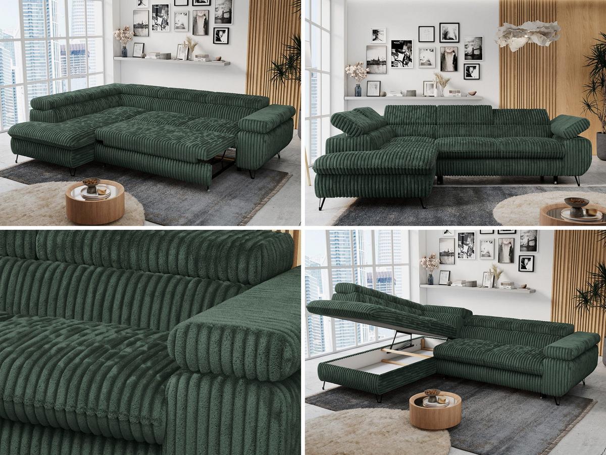 ECKSOFA PETER L Grün Cord - Links Seite - Schwarz/Grün, Textil/Metall (208/273cm) - MKS