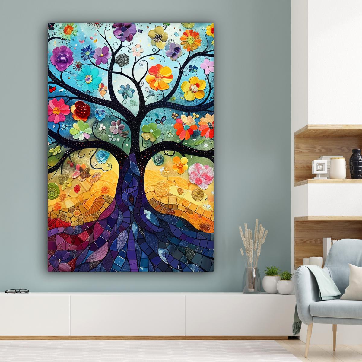 LEINWANDBILD Kunst - Baum des Lebens - Blumen - Hippie Deko Groß 90x140 cm - Dunkelblau, Textil (90/140cm) - MuchoWow