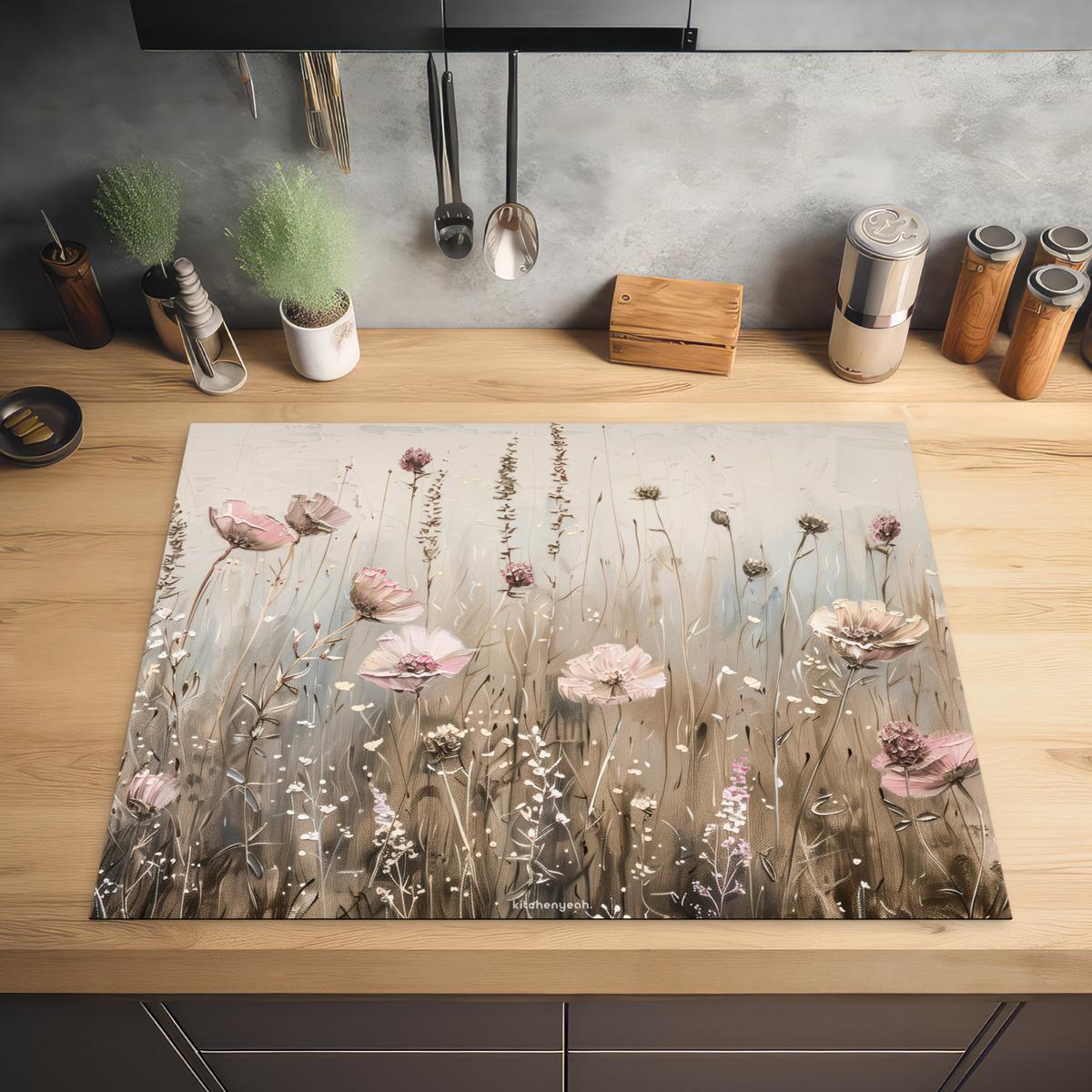 HERDABDECKPLATTE Blumen - Beige - Trockenblumen Induktionsmatte 77x59 cm - Beige, Kunststoff (77/59/0.2cm) - MuchoWow