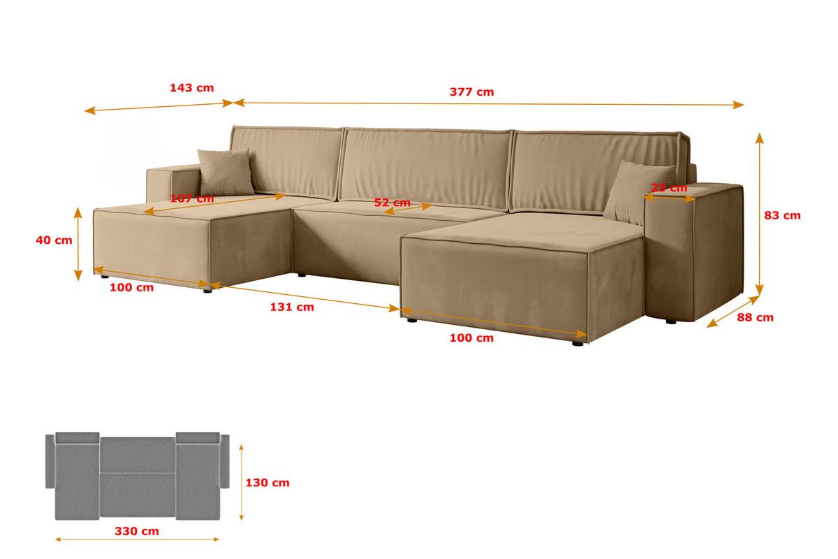 WOHNLANDSCHAFT mit Schlaffunktion und Bettkasten CELTIC-XLU - 377x143x83 cm Beige Velours - Beige/Schwarz, Holzwerkstoff/Kunststoff (377/83/143cm) - ALTDECOR