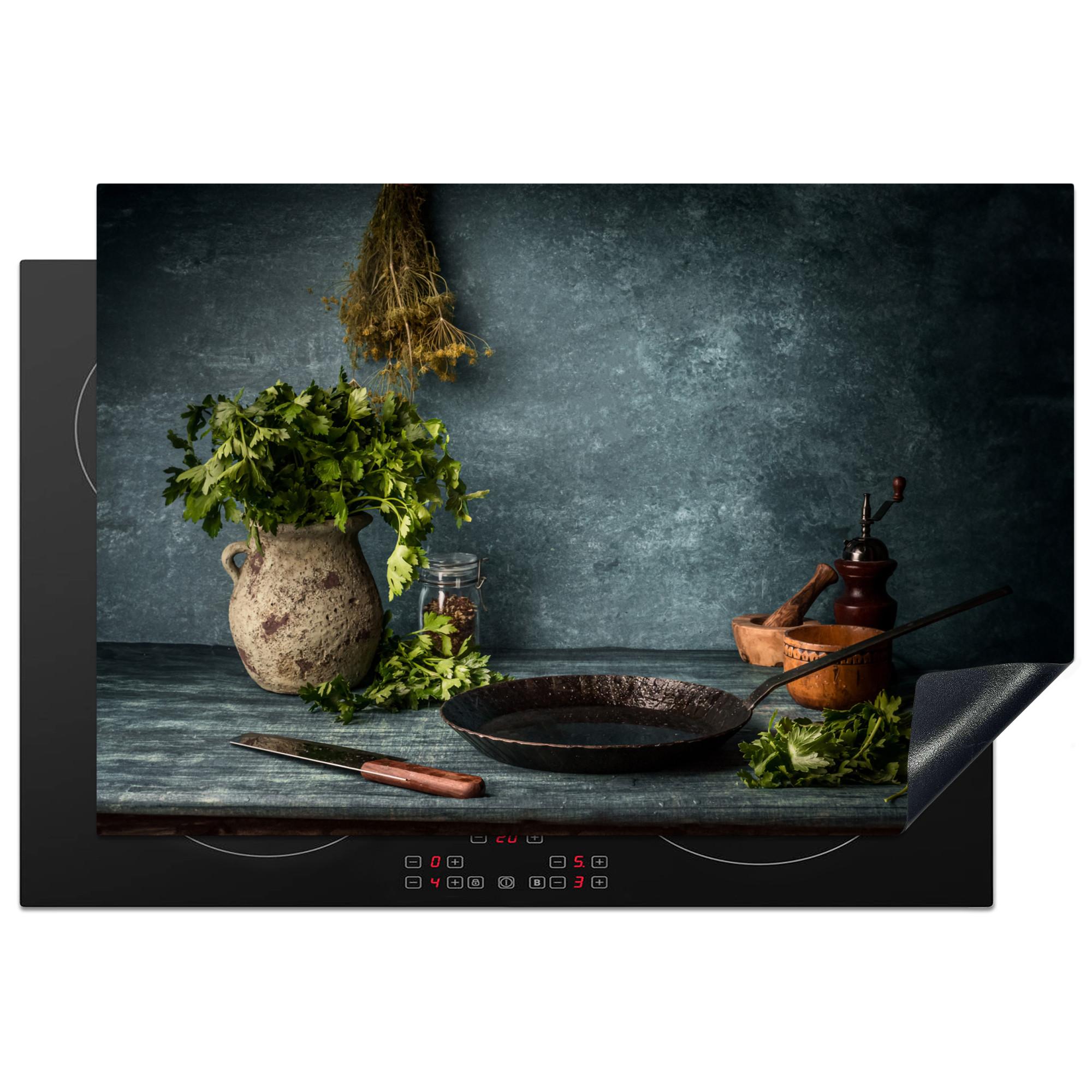 HERDABDECKPLATTE Kräuter - Gewürze - Pfanne - Messer - Grau - Rustikal Induktionsmatte 77x51 cm - Petrol, Kunststoff (77/51/0.2cm) - MuchoWow