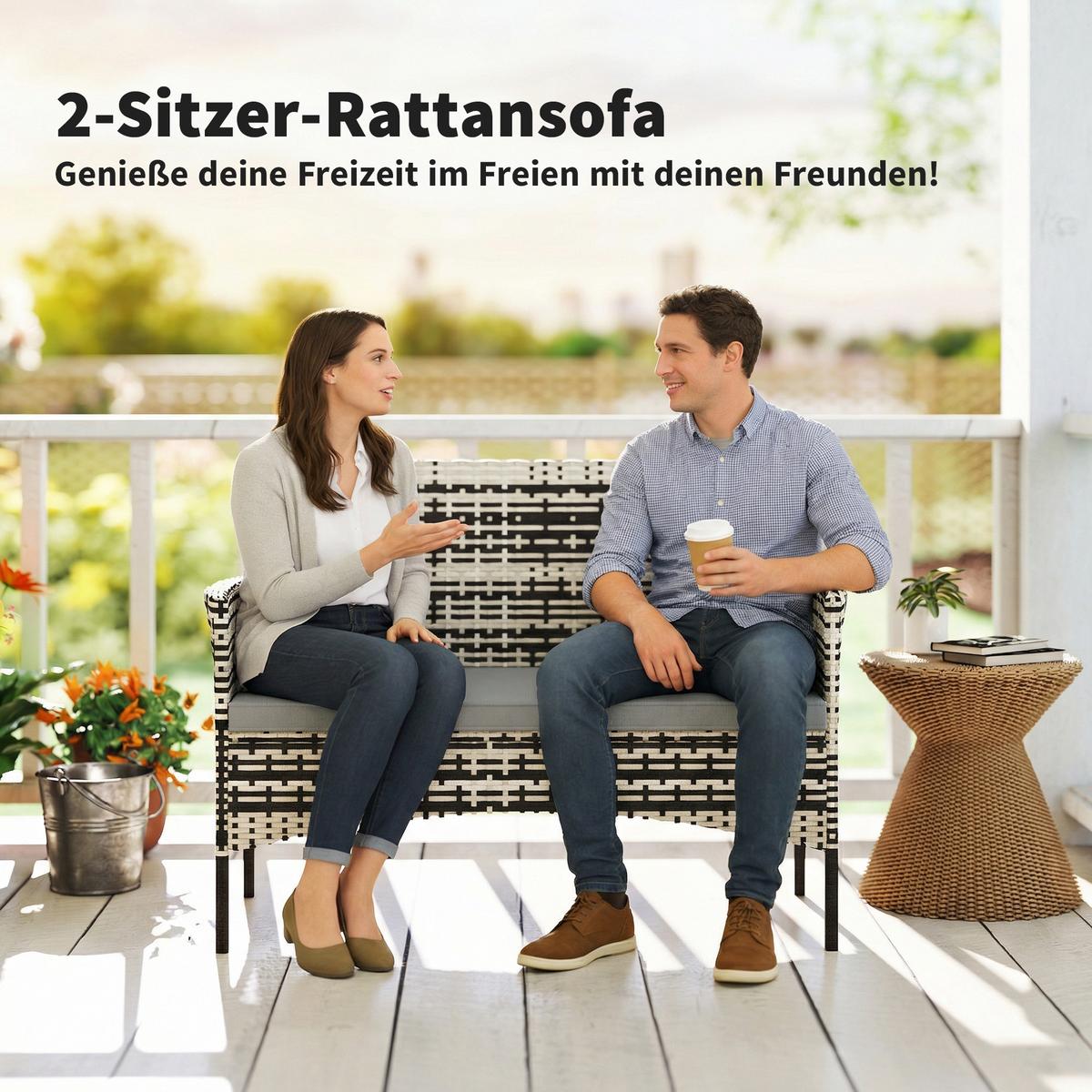 GARTENBANK 2-Sitzer aus PE-Rattan-Stahl Hellgrau - Dunkelgrau/Beige, Textil/Metall (63/85/115cm) - Outsunny
