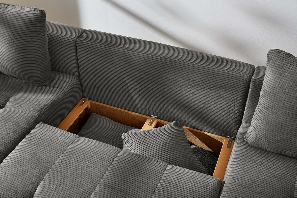 WOHNLANDSCHAFT mit Schlaffunktion und Bettkasten, spiegelverkehrt montierbar U-Form B313/T200/H92 cm, Cord Dunkelgrau / 15220 - Dunkelgrau/Eichefarben, Holz/Textil (313/92/200cm) - luma-home