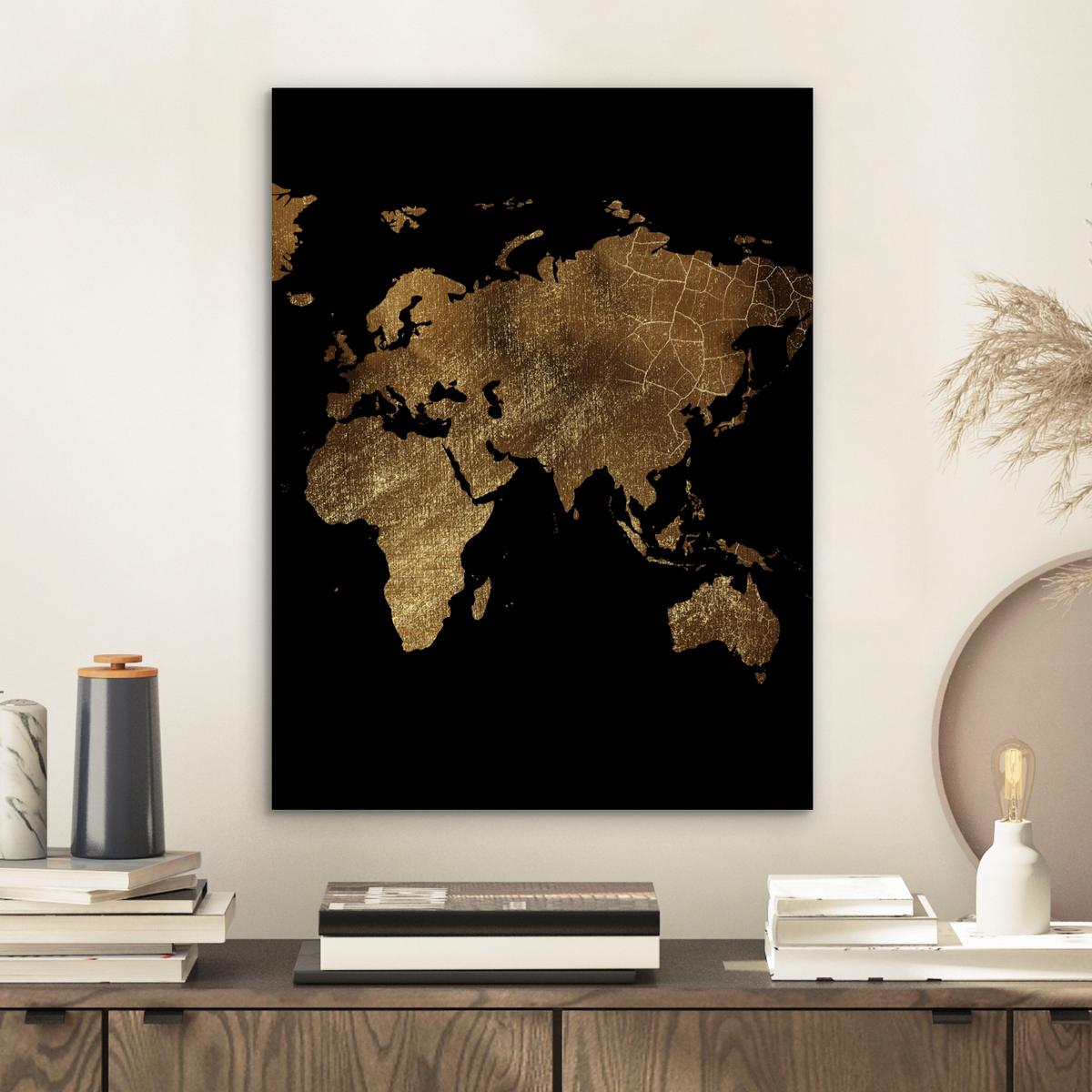 METALLBILD Weltkarte - Gold - Luxus - Erde - Schwarz 30x40 cm - Goldfarben, Metall (30/40cm) - MuchoWow