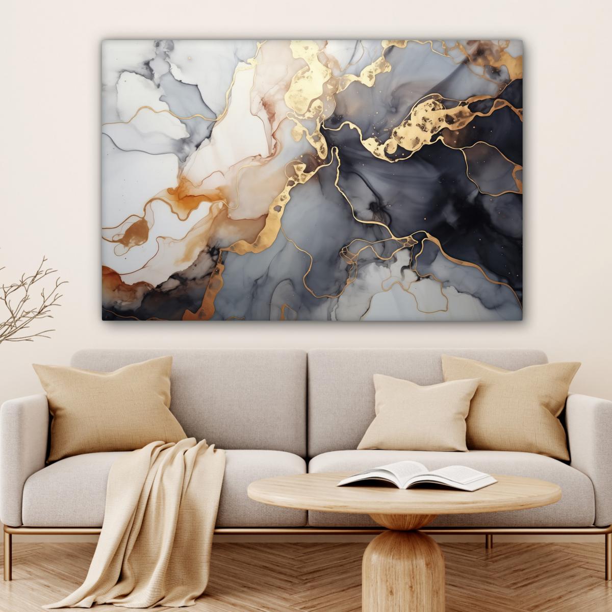 LEINWANDBILD Marmor - Schwarz - Gold - Weiß Wohnzimmer Groß 120x80 cm - Dunkelgrau, Textil (120/80cm) - MuchoWow