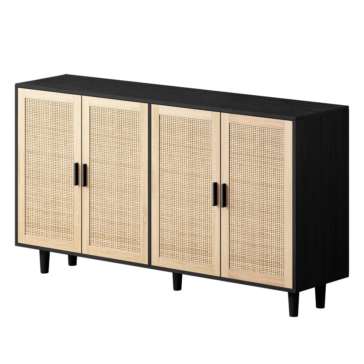 SIDEBOARD holzwerkstoff in schwarz mit rattan-fronten, 4 türen - Schwarz, Holzwerkstoff (158/88/40cm) - Urban Meuble
