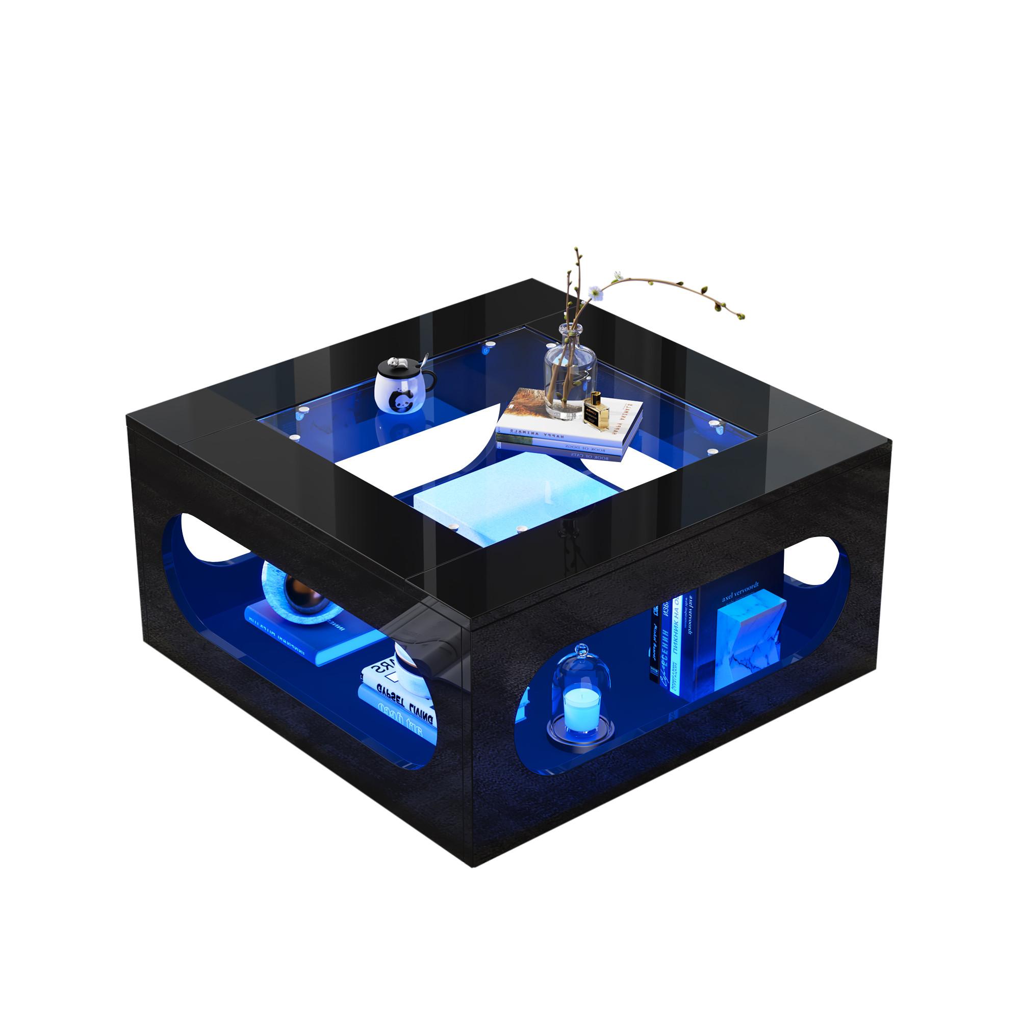 COUCHTISCH in Schwarz-Hochglanz mit LED-Beleuchtung und Glasplatte - Weiß, Holzwerkstoff (70/70/35cm) - Urban Meuble