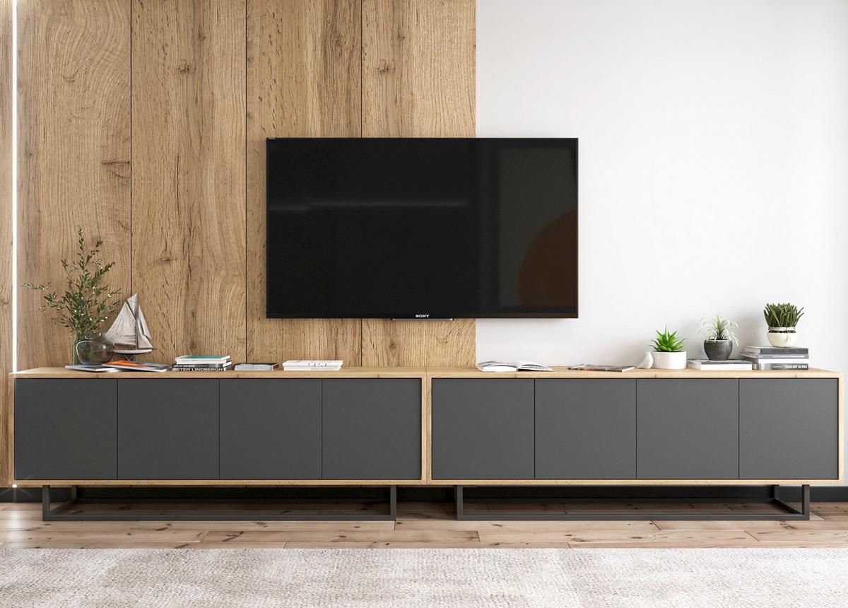 TV-SCHRANK 2-er Set Apollo2 Eiche wotan Graphit Matt 150 cm - Graphitfarben/Schwarz, Holzwerkstoff/Metall (300/53/35cm) - Meble Lindner
