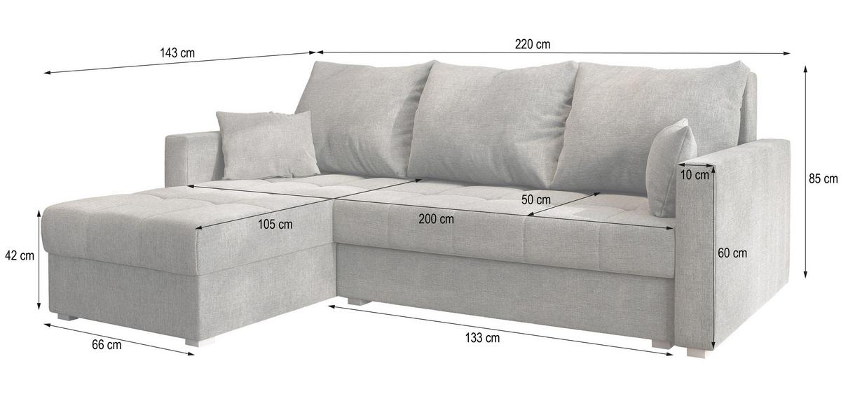 ECKSOFA NIDA Grau Geflochtener Stoff mit Schlaffunktion - Grau, Holz (220/143cm) - MASSENO
