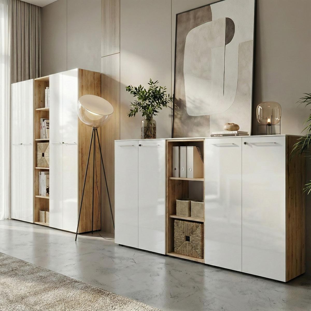 AKTENREGAL hoch schmal MUENCHEN 50x37x196 cm | 5 Ordnerhöhen | Chalet-Eiche-Nb./Weiß - Braun, Holzwerkstoff (50/196/37cm) - KADIMA DESIGN