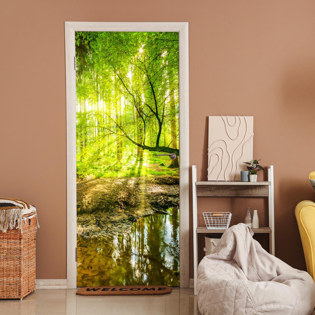 TÜRAUFKLEBER Wald - Landschaft - Wasser - Bäume - Sonne - Grün - Natur Room Decor 85x205 cm - Türtapete - Hellgrün, Kunststoff (85/0.1cm) - MuchoWow
