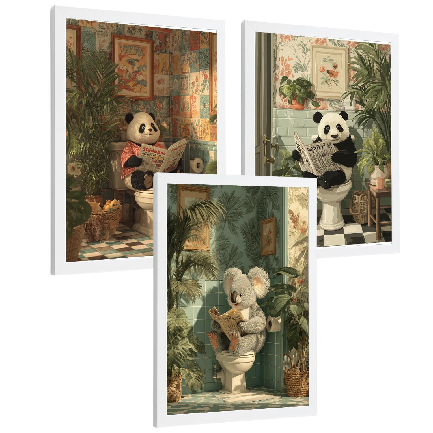 POSTER 3er-Set lustige Badezimmer-Drucke, Panda- und Koala-Tiermotive für Toilette, witziges für Toilette, Vintage-Botanik-Stil Weißer Rahmen A3 - Weiß, Papier (42/29.7/3cm) - Nacnic