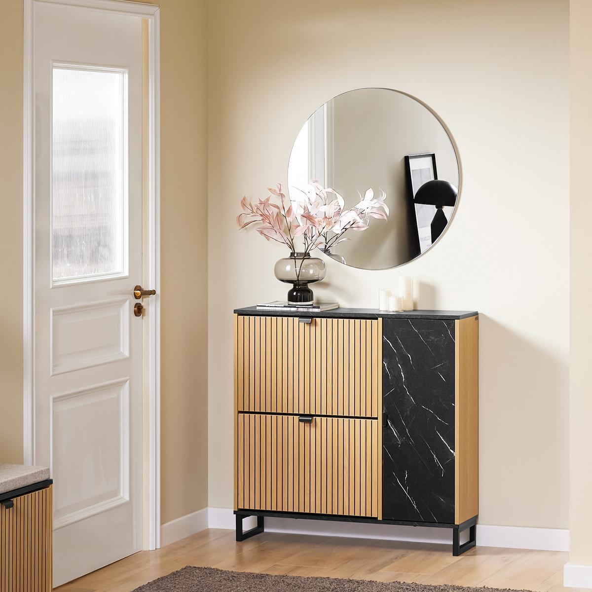 SCHUHSCHRANK Schmal, Holzoptik & Schwarz mit Marmor - Naturfarben, Holzwerkstoff (90/88/24cm) - SoBuy