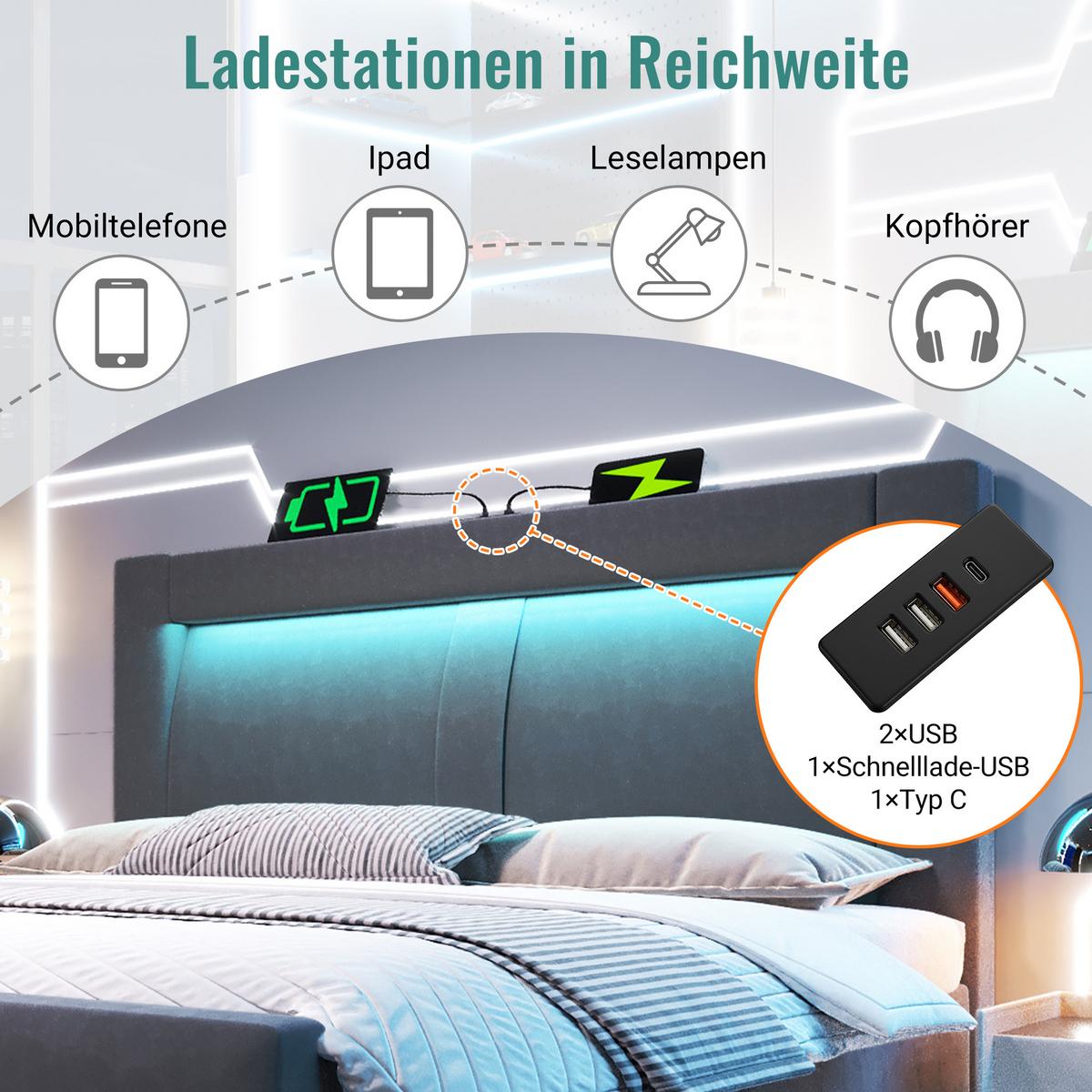 BETT 180x200 cm Grau Samt - Grau, Textil (180/200cm) - Urban Meuble