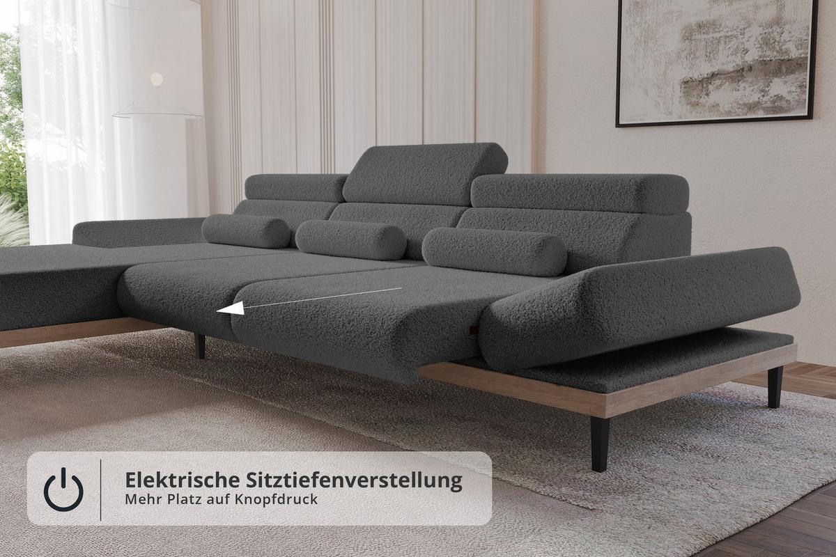ELEKTRISCHES ECKSOFA Links MONA 316x205x85 Grau Bouclé - Silberfarben/Grau, Holzwerkstoff/Textil (316/205cm) - ALTDECOR