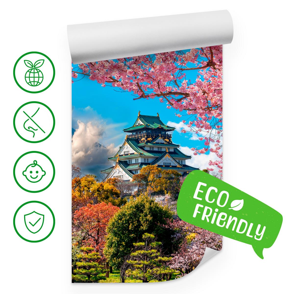 FOTOTAPETE für Wohnzimmer Kirschblüten Osaka Burg Japan Berge Bäume 350x256 - Gelb/Rosa, Papier (350/256cm) - Muralo