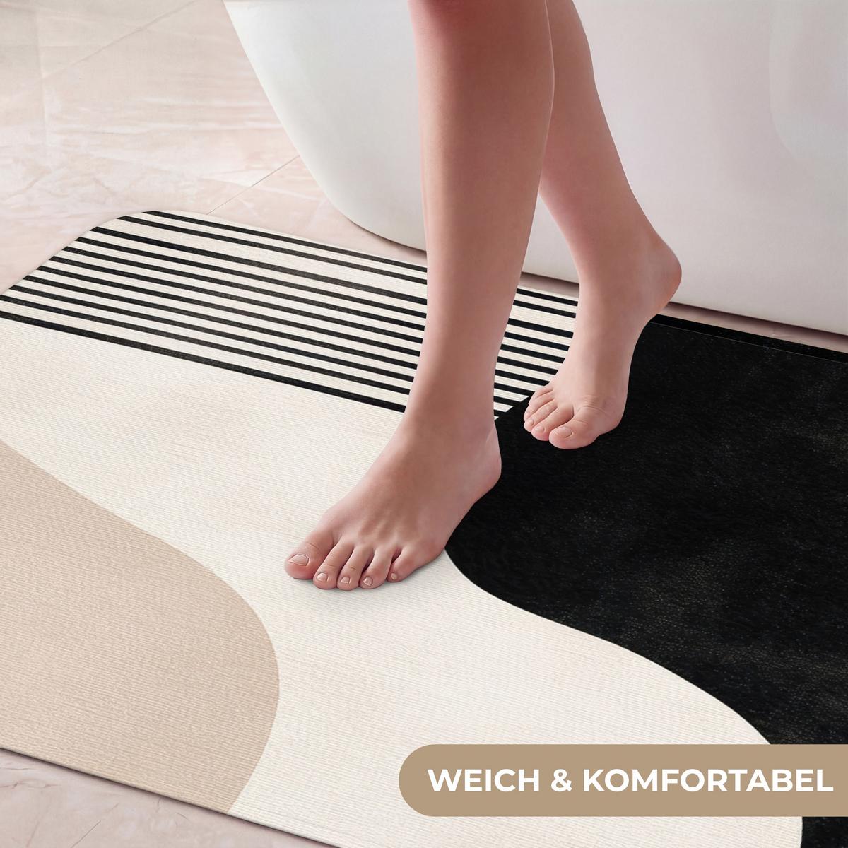 BADEMATTE Abstrakt - Japandi - Beige - Modern 60x120 cm - Beige/Schwarz, Textil (60/120cm) - OnlyWow