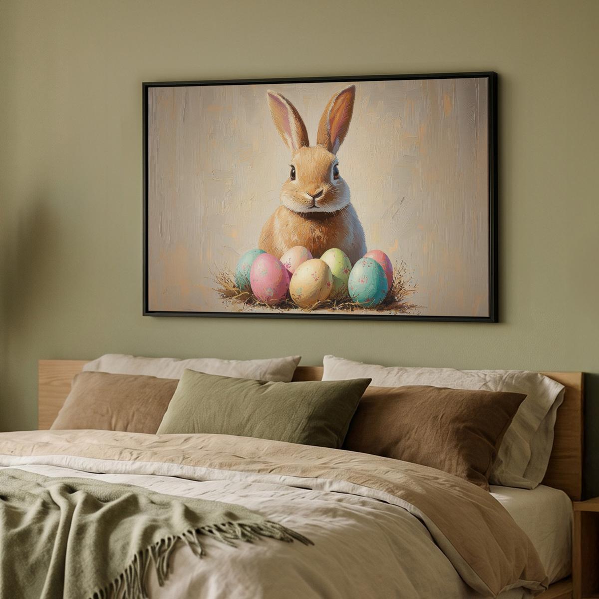 LEINWAND Bilder mit Rahmen - Osterhase - Pastell - Eier - 90x60 - Beige, Textil (90/60cm) - MuchoWow