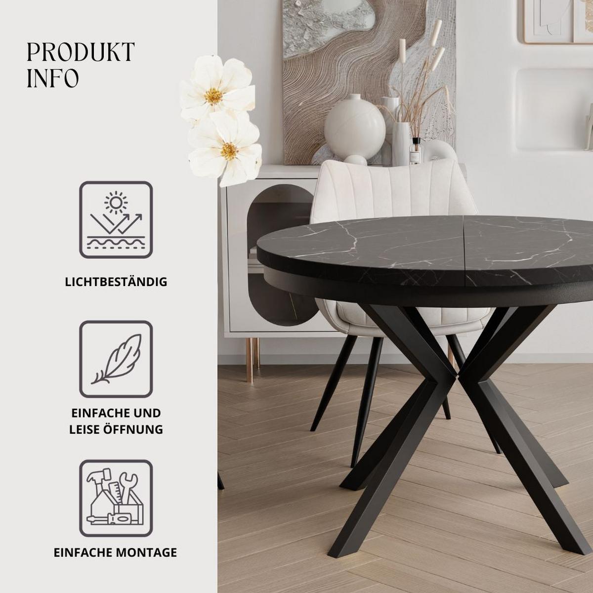 AUSZIEHTISCH MILTON 90-166/76 cm mit Metallgestell und Zarge, Schwarz / Grigia Pietra - Schwarz/Grau, Holzwerkstoff/Metall (90/90/76cm) - Idohome