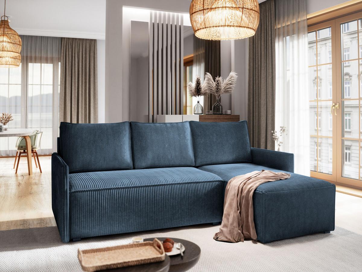 ECKSOFA PERUSI Blau Kordstoff mit Schlaffunktion - Blau/Grau, Holz/Kunststoff (206/143cm) - MASSENO