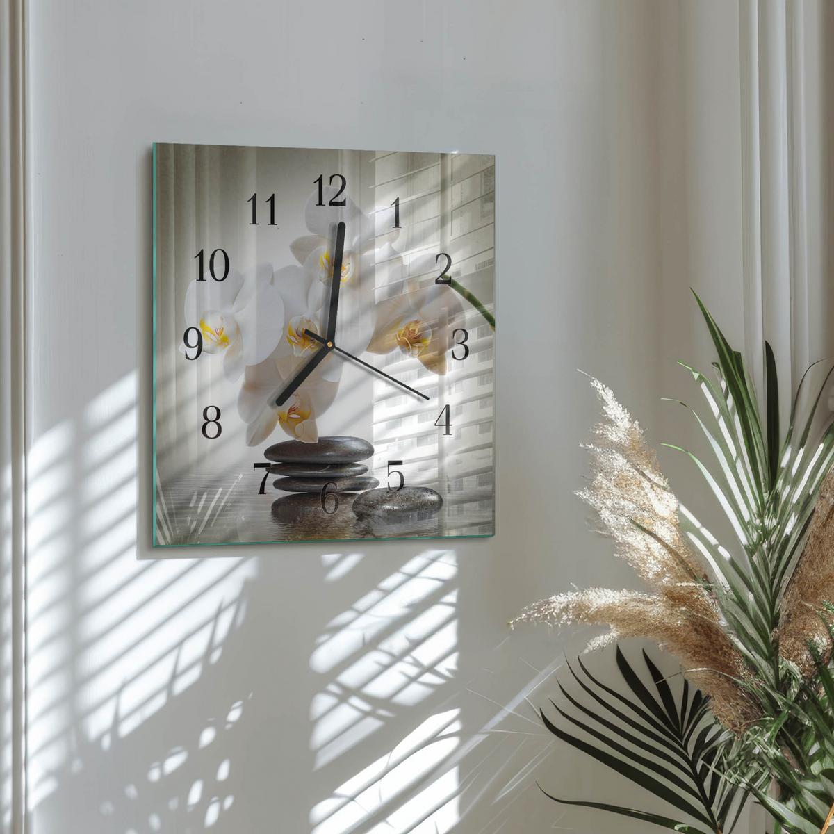 WANDUHR aus Glas 30x30 cm - Orchidee - Weiß, Glas (30/30/0.4cm) - TULUP