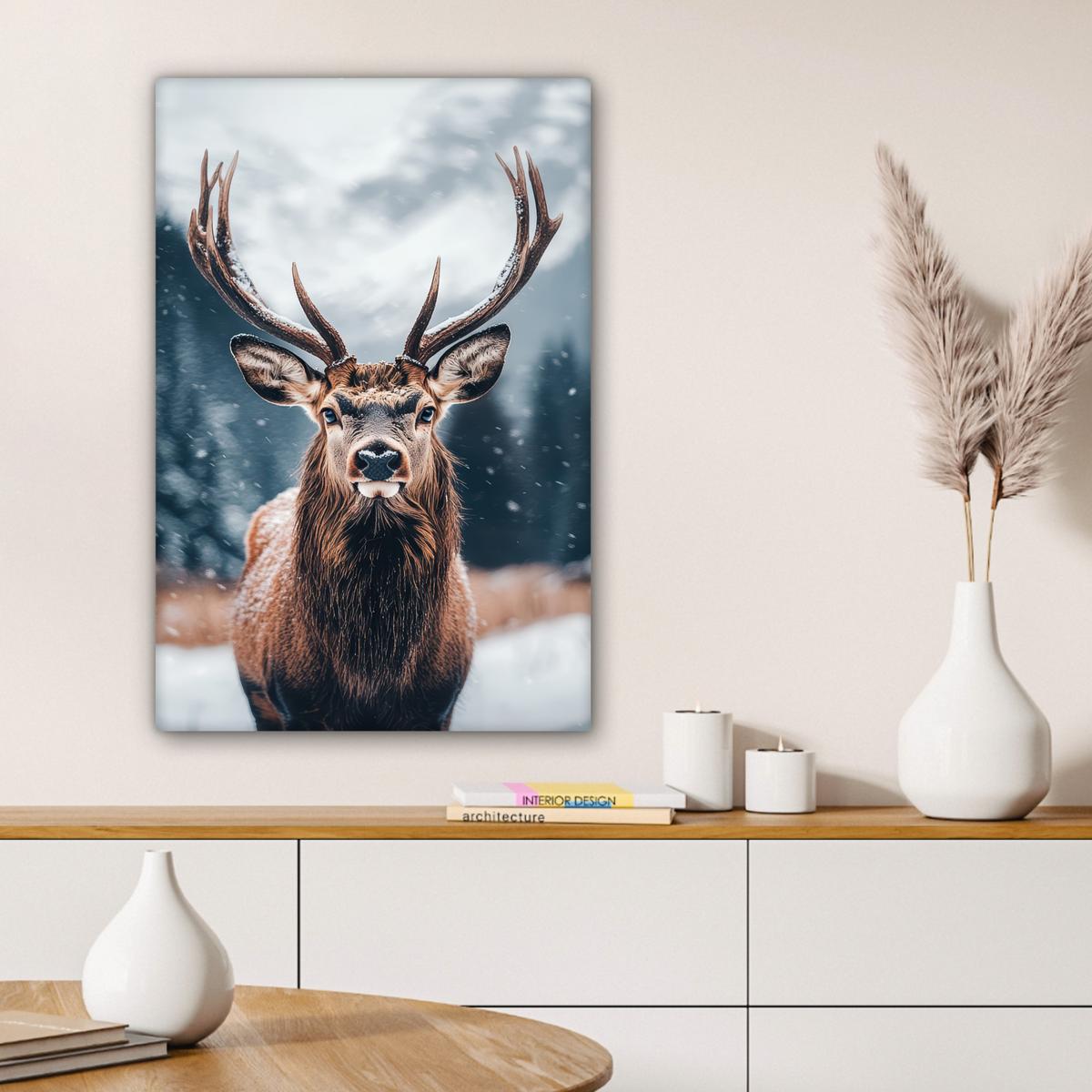 LEINWANDBILD Hirsche - Tiere - Landschaft - Winter - Schnee Wanddeko Schlafzimmer 60x90 cm - Kastanienfarben, Textil (60/90cm) - MuchoWow