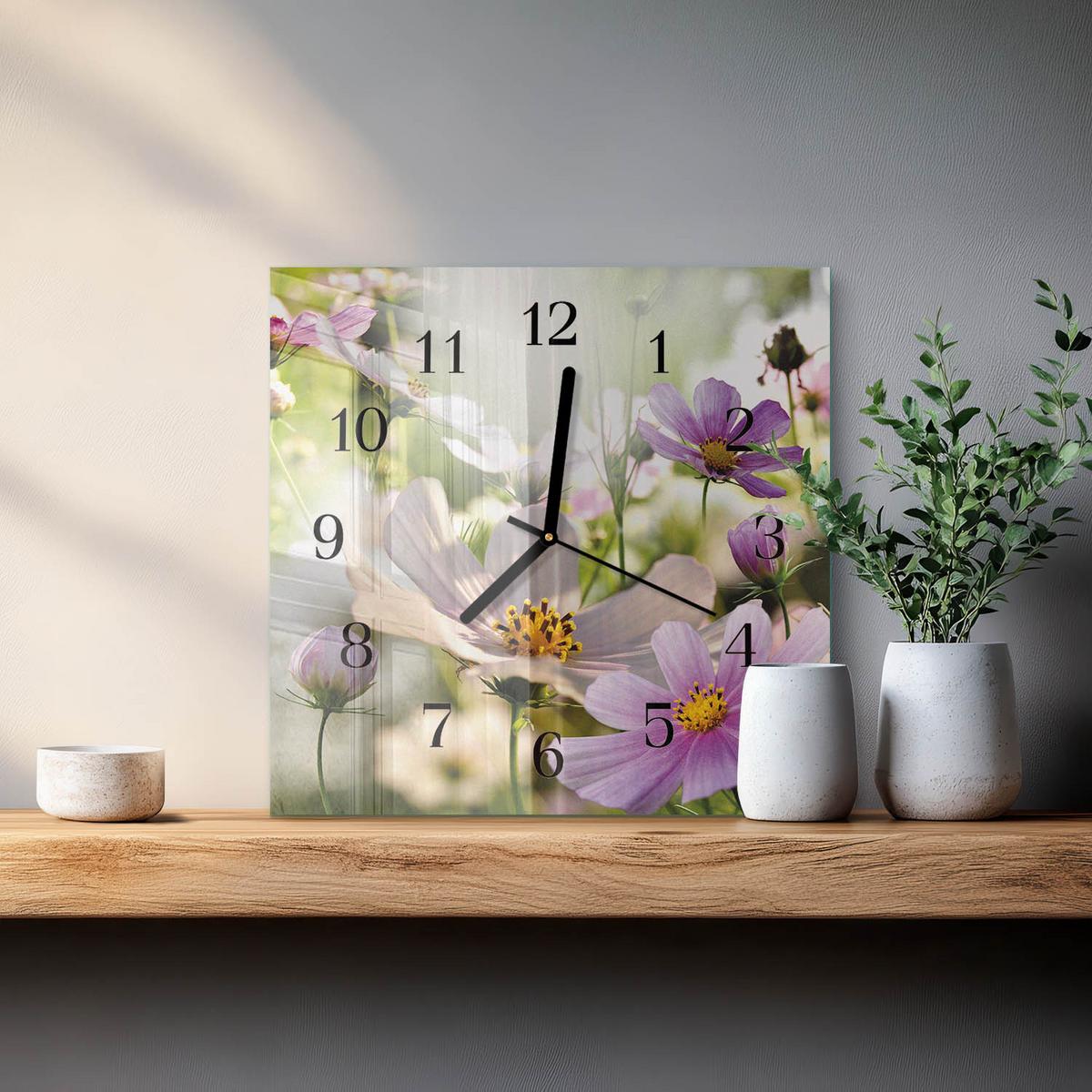 WANDUHR aus Glas 30x30 cm - Kosmeen - Pink, Glas (30/30/0.4cm) - TULUP