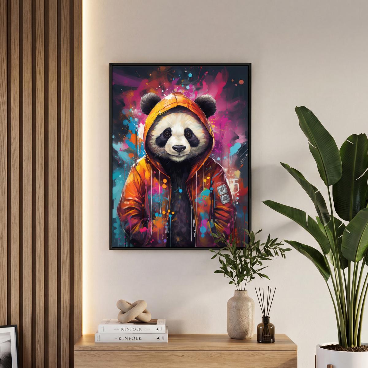LEINWAND Bilder mit Rahmen - Panda - Jacke - Graffiti - Orange - 60x80 - Orange, Textil (60/80cm) - MuchoWow